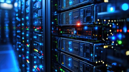Fototapeta premium Close-up of server racks with glowing lights in a data center