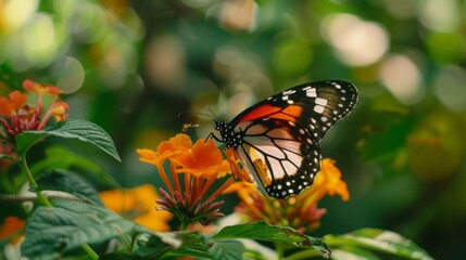 Obraz premium Vibrant Butterfly Pollinating Colorful Tropical Flowers in Lush Garden