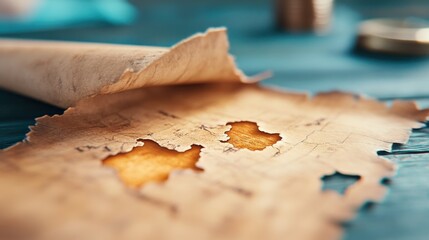 A tattered treasure map, partially unrolled, reveals hidden island shapes, symbolizing exploration and mystery in a pursuit of adventure and lost history.