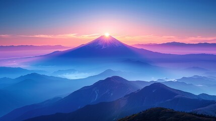 Fototapeta premium A breathtaking sunrise over Mount Fuji, with the mountain silhouetted against a vibrant pink and blue sky. Layers of mountains stretch out into the distance, creating a sense of depth and scale.