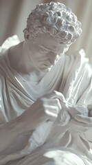 Dramatic Monochromatic Marble Sculpture of Classical Figure in Regal Drapery