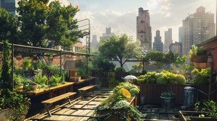 Obraz premium Vibrant Rooftop Garden Oasis with Lush Greenery and Urban Skyline