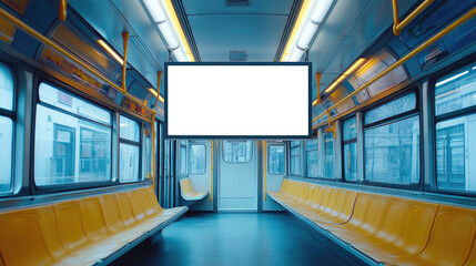 Fototapeta premium A train with a white screen on the side. The train is empty. There are yellow seats in the train