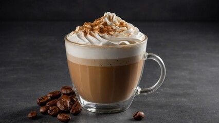 cup of latte coffee and coffee beans on wooden table