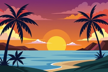  Beautiful sunset over the sea with a view at palms