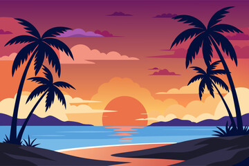  Beautiful sunset over the sea with a view at palms