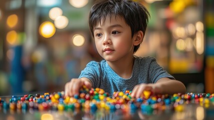 Fototapeta premium Curious young asia boy intently examining a collection of colorful magnets, exploring their properties