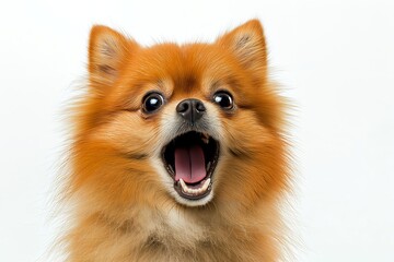 Obraz premium Close-up Of A Angry And Surprised Pomeranian Isolated On White Background With A Funny And Excited Expression, Dog Portrait