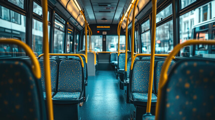 Fototapeta premium A bus with yellow poles and blue seats. The seats are empty. The bus is on the street
