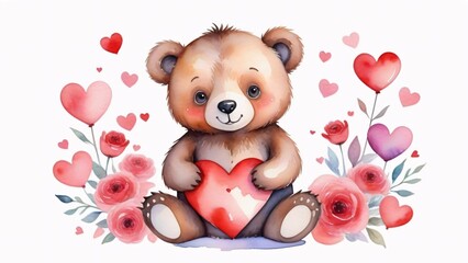 Obraz premium Watercolor illustration of a cute teddy bear holding a heart, surrounded by pink roses and hearts.