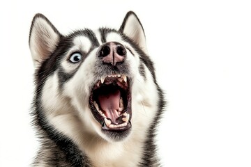 Fototapeta premium Close-up Of A Angry And Surprised Siberian Husky Isolated On White Background With A Funny And Excited Expression, Dog Portrait