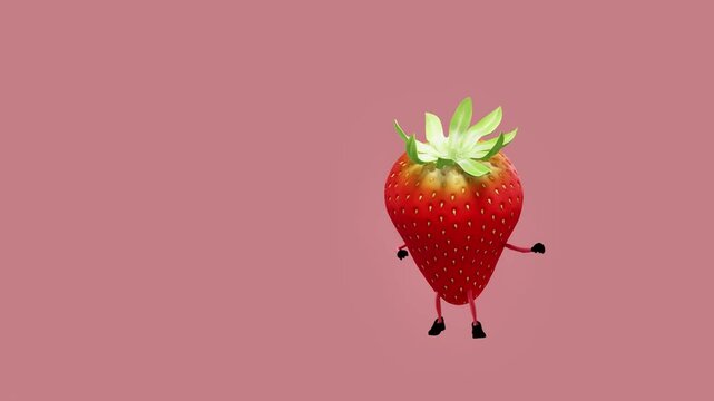 A 3D animated strawberry character throwing punches in an attacking boxing stance. The scene captures playful aggression, blending the charm of a colorful fruit with dynamic, vibrant digital animation