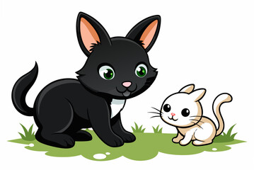  black kitten playing with rabbit in front of home