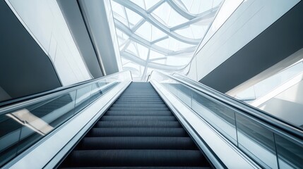 Fototapeta premium A Modern Escalator Ascending Towards a Skylight