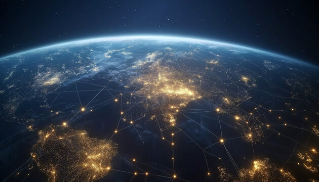 Global Network Connections Earths Illuminated Cities and Interconnected Systems, A nighttime view of Earth from space, showcasing illuminated cities interconnected by a network of lines, symbolizing g