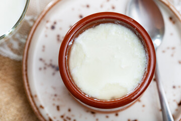 Portion of freshly made homemade cottage cheese is served in earthenware dish. Hearty and simple breakfast and snack option.