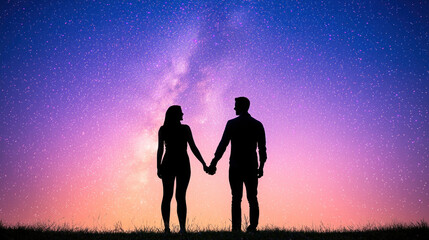 Fototapeta premium couple holding hands under starry sky, creating romantic atmosphere.