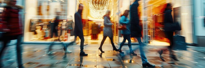 People walking by shops on a street with blurred motion, displaying a shopping district.