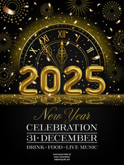 new year party flyer with gold numbers, clock and confetti. 2025 new year celebration background