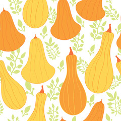 pumpkins with light green leaves fall, autumn, spring, summer, floral seamless pattern. Pumpkins with green leaves fall or autumn vector repeat pattern.