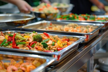 Obraz premium Close-up of a catering buffet featuring a variety of colorful dishes, including vegetables, meats, and salads, served in stainless steel trays in a restaurant setting.