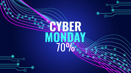 Cyber Monday sale banner discount special offer. Light waves. Design online store shopping discount coupon flyer. Vector illustration.