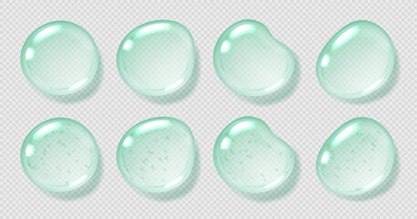 Mint serum drops, transparent gel droplets, realistic glossy liquid, moisturizing cosmetic product, hyaluronic acid or fresh gel toothpaste concept. Vector illustration.