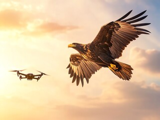 Obraz premium Eagle flying with drone in sunset