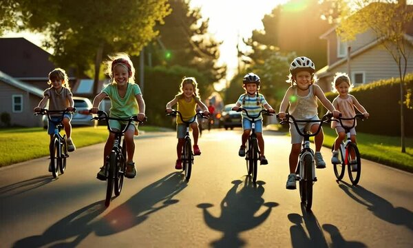 Children Riding Bikes in Suburbia