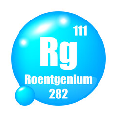 Roentgenium element symbol. Atomic number 111. Mass 282. Blue sphere icon.