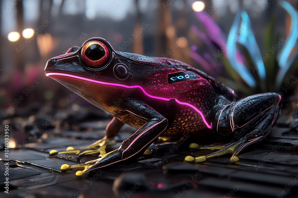 Poster a futuristic frog with neon colors glowing in a high-tech jungle, where plants and creatures are bio