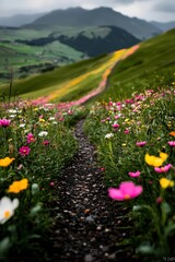 Obraz premium A vibrant flower field with a winding path leads through a scenic mountain landscape, capturing the essence of nature's beauty in spring, inviting exploration.