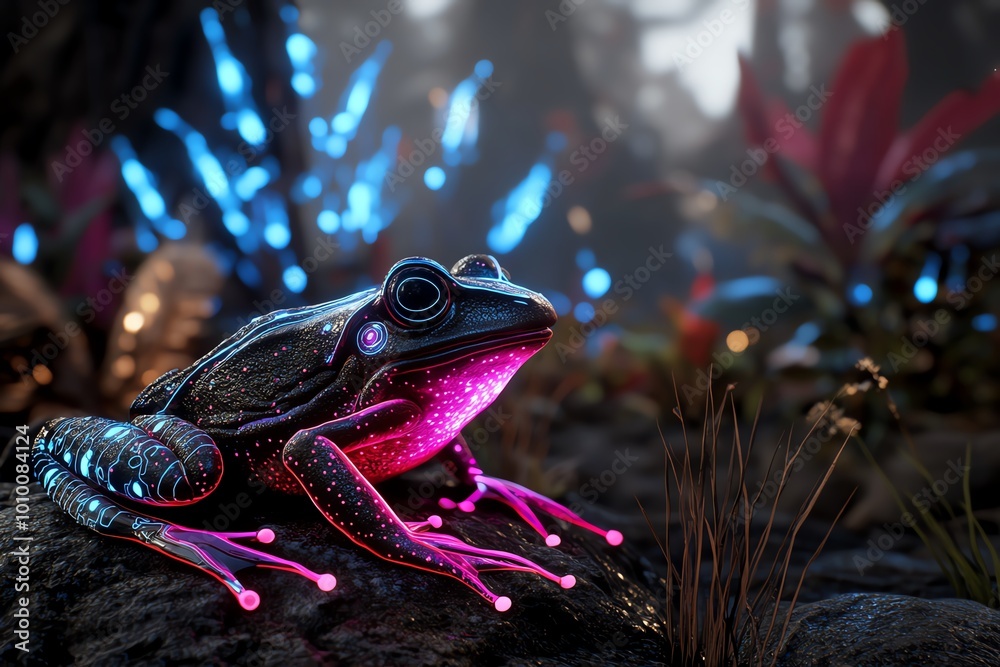 Poster a futuristic frog with neon colors glowing in a high-tech jungle, where plants and creatures are bio