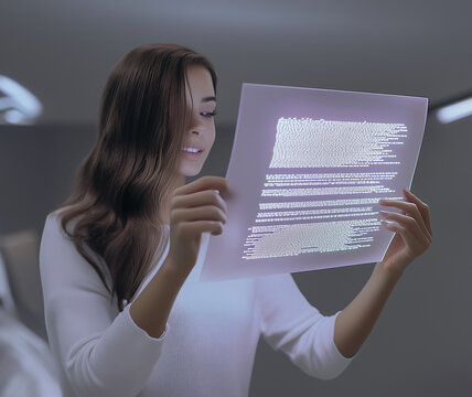 A woman holds digital paper - a futuristic concept for e-paper in an office environment- flexible screen technology - office of the future - digital contract