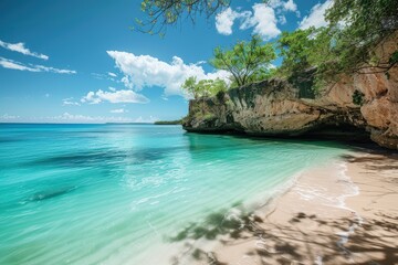 Obraz premium A beautiful beach with a rocky shoreline and a clear blue ocean, generative ai image
