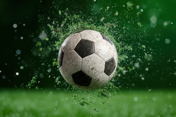 Fototapeta premium Splashing soccer ball on green field