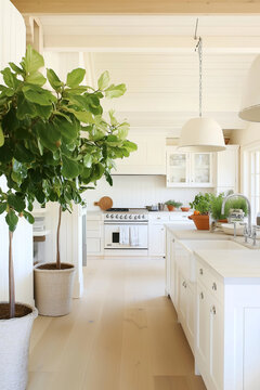 coastal modern  kitchen space - galley style white and light wood kitchen space with lush plants. A clean simple social kitchen space with white cabinets, pendant lights, gas range, fiddle leaf fig