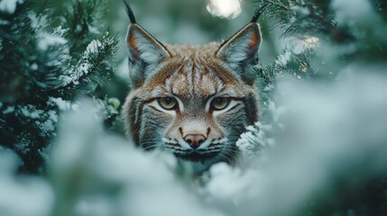 Obraz premium Lynx peering through snowy pine branches