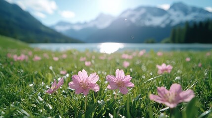 Fototapeta premium Scenic mountain lake with pink wildflowers in foreground