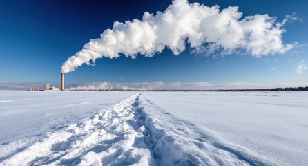 Snowy winter landscape with industrial smoke stack