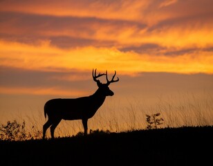 Whitetail Buck Silhouette at Sunset: Silhouette of a Whitetail Buck at sunset during the fall