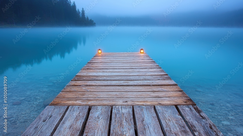 Canvas Prints Serene lake dock at night with lanterns