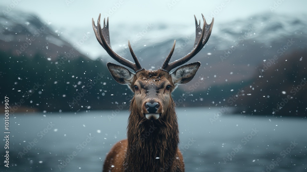 Poster Majestic deer in snowy winter landscape