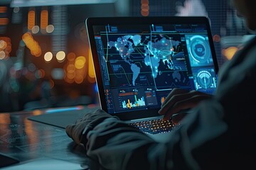 Laptop screen showing data visualizations, global map, and analytics in a futuristic, dark environment.