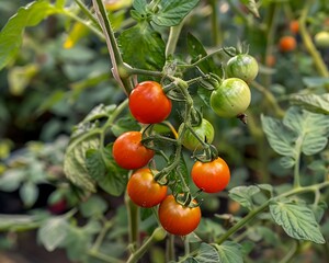 Ripe red tomatoes and unripe green growing vine against a blurred garden background.