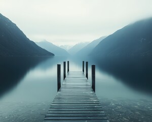 Fototapeta premium A tranquil scene featuring a wooden pier extending into a misty lake surrounded by majestic mountains, creating a serene atmosphere for reflection and relaxation.