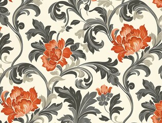 Elegant floral wallpaper pattern with red flowers and gray leaves on a beige background.