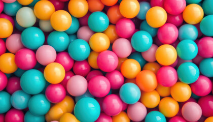 Obraz premium Vibrant assortment of colorful plastic balls creating a playful and cheerful atmosphere with bright hues of pink, blue, yellow, and orange.
