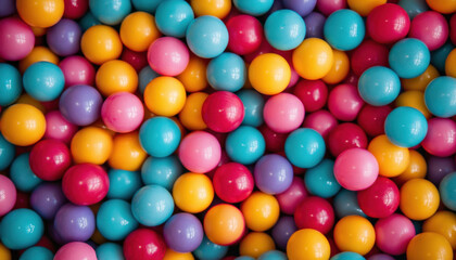 Obraz premium Colorful assortment of multicolored plastic balls in vibrant shades of blue, pink, yellow, red, and purple, creating a playful and cheerful atmosphere.