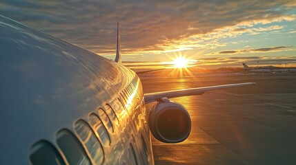 Fototapeta premium Airplane on the Tarmac at Sunset with Golden Sky